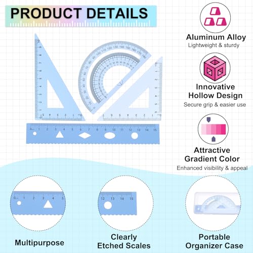 PATIKIL Geometry Set 2Pcs 6" Aluminum Ruler & 4 Triangles, Metal Protractor - color: Gradient Blue, size: 6 Inch