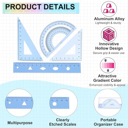 PATIKIL Geometry Set 2Pcs 6" Aluminum Ruler & 4 Triangles, Metal Protractor - color: Gradient Blue, size: 6 Inch