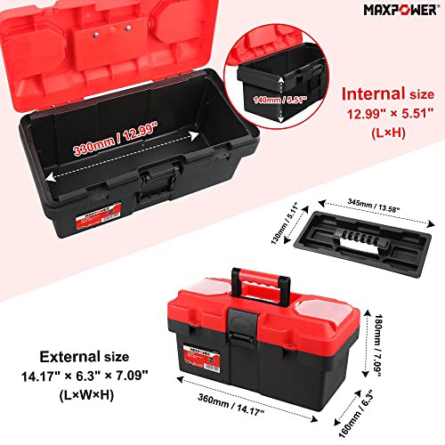 MAXPOWER Small Tool Box, 14-inch Plastic Tool Boxes with Handle - color: Red, size: 14”