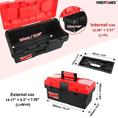 MAXPOWER Small Tool Box, 14-inch Plastic Tool Boxes with Handle - color: Red, size: 14”