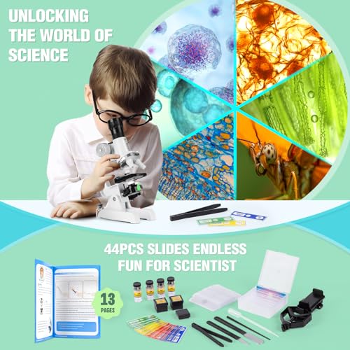 Uarzt Kids Beginner Microscope Science Kit with 100X-1200X, 13 Prepared Slides & DIY Blank Slides, 18MM HD Len, LED Light Adjustable and ABS Box, Microscope for Kids 5-7 8-12 - color: White