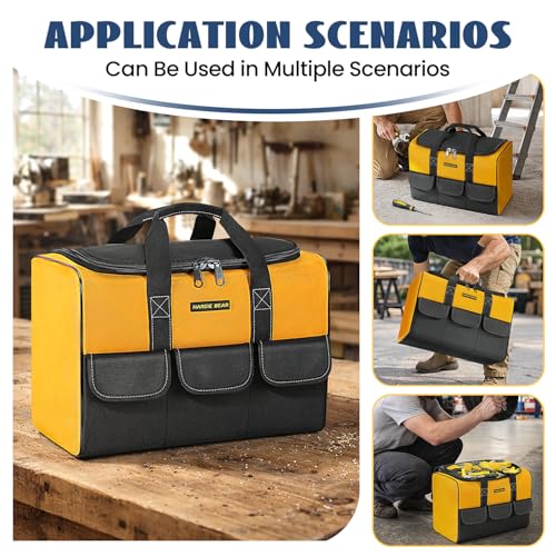 Tool Bag, 17 Inch, Yellow and Black, Wide Mouth Opening, Reinforced Handle, 3 Front Pockets - size: 17INCH/43CM