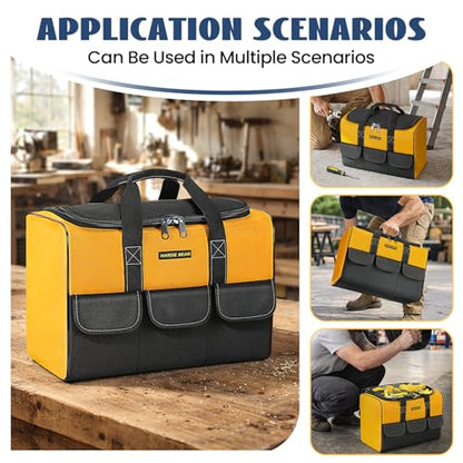 Tool Bag, 17 Inch, Yellow and Black, Wide Mouth Opening, Reinforced Handle, 3 Front Pockets - size: 17INCH/43CM