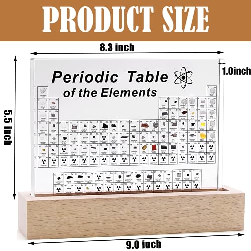Large Periodic Table with 83 Real Elements Inside, Acrylic Periodic Table of Chemical Elements with Wooden Stand and Magnifying Glass, Periodic Tables Display with Element for Teacher Students - size: 8.3"L x 5.5"W
