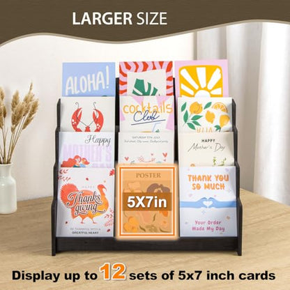 PUERSI Greeting Card Display Stand Holder - 4-Tier Wooden Organizer Rack - color: Black