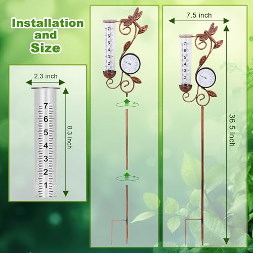 36.5in Dragonfly Rain Gauge Thermometer Bronze Metal Garden Stake Decor - color: Bronze Dragonfly