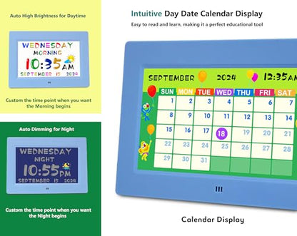 MASSII Digital Teaching Clock Talking Time, 24 Alarms Custom Reminders, Checklist to-Do List, Auto DST & Calendar Display, Sleep Trainer, Easy to Use for Kids Birthday Gift- Blue with Remote - color: Kids-blue