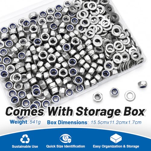 M6-1.0 Lock Nut 350Pcs Stainless Steel Nylock Locking Nuts with Washer - size: locknuts-M6 350pcs