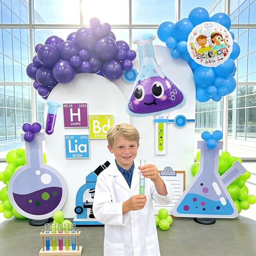 Science Party Decoration Balloons Set,Chemical Lab Birthday Decorations with Purple Flask/Flame/Test Tube/Checkered Balloons，STEM Theme Party Supplies for Kids Science Birthday & Classroom Events