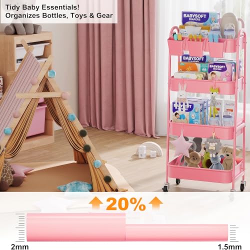 4 Tier Rolling Cart Metal with Lockable Wheels, Four Tiered Utility Carts - color: Fashion Pink, size: 4 tier