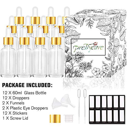 PrettyCare Glass Eye Dropper Bottles 2oz (60ml), 12 Pcs Clear Empty Thick Bottles Bulk with Leakproof Golden Caps - With Labels & Funnels for for Storage, Travel,Essential Oils, DIY Serums, Tincture - color: 2oz Clear, style: 12 Pack