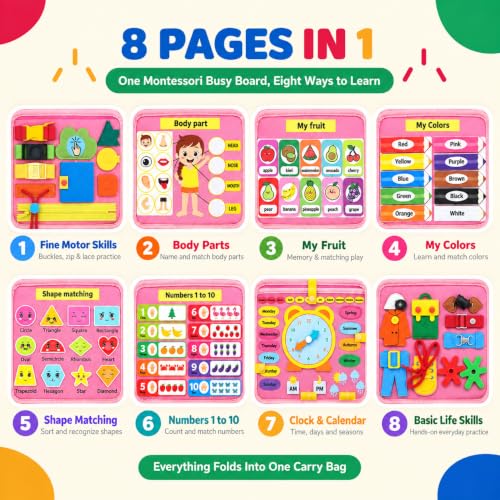 URBAN TOYS Montessori Busy Board, Toddler Activity Book, Learning Toys 3+ - color: Pink