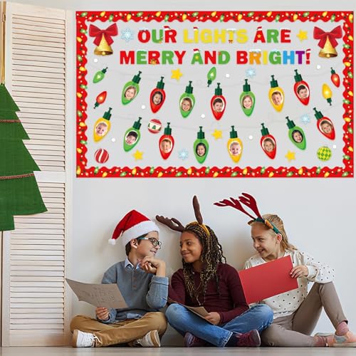 Christmas Bulletin Board Set Xmas Merry and Bright Classroom Decorations Light Bulb DIY Photo Paper Cutouts Winter Holiday Bulletin Board Border for School Wall Xmas Party Decor Teacher Supplies - style: Merry and Bright