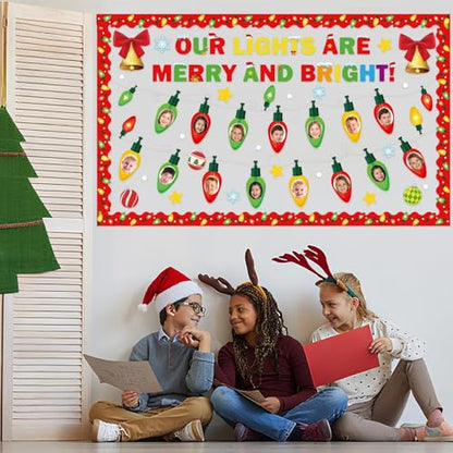 Christmas Bulletin Board Set Xmas Merry and Bright Classroom Decorations Light Bulb DIY Photo Paper Cutouts Winter Holiday Bulletin Board Border for School Wall Xmas Party Decor Teacher Supplies - style: Merry and Bright
