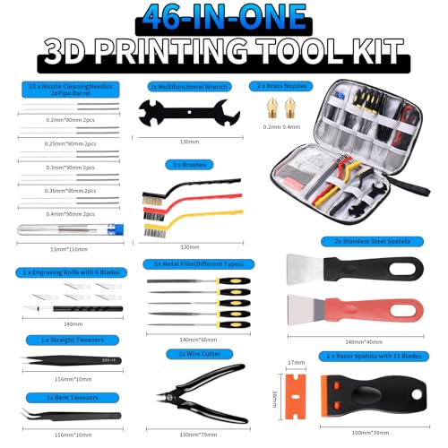 3D Printer Tool Kit 46Pcs with Nozzle Cleaning Kit & Deburring Tool - Complete Accessories Set Includes Scrapers, Brushes, Files, Wire Cutter for All FDM/SLA Printers