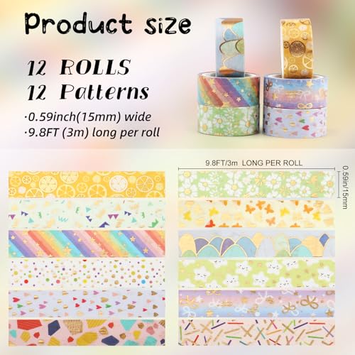 12 Rolls Gold Foil Floral Washi Tape Set,15mm Decorative Masking Tape for Journaling, Scrapbooking, Planners, DIY Crafts, Gift Wrapping(Spring Pastel Collection) - style: Golden Geometry