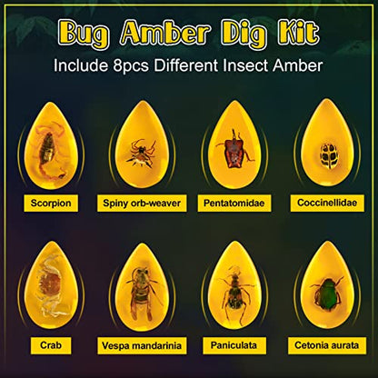 Bigger Amber Dig Kit-8 Artificial Insect Resin, Excavate Unique Insect Specimens, STEM Excavation Bugs Toys Science Kit for Kids,Educational Gifts Party Favors for Girls & Boys Age 6-8-12-14