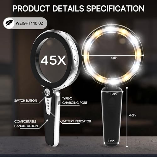 45X Magnifying Glass with Light, Large Handheld Magnifier for Seniors - color: Black