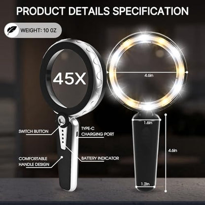 45X Magnifying Glass with Light, Large Handheld Magnifier for Seniors - color: Black