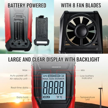 Digital Anemometer Handheld Wind Speed Meter – Measures Wind Speed in m/s, km/h, ft/min, mph, Knots & Air Temperature – Max/Min, Data Hold, Backlit Display – for HVAC, Sailing, Weather, Drone Flying