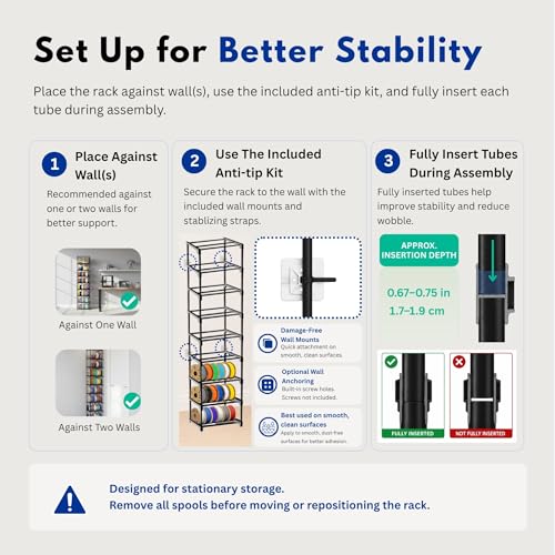 9-Tier 3D Printer Filament Storage Rack, Holds Up to 54 1kg Spools, Space-Saving Carbon Steel Spool Holder Organizer with Anti-Tip Kit, Modular Maker Workspace Storage System, Tool-Free Assembly