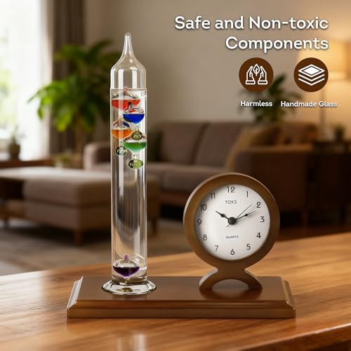 Lily's Home Galileo Thermometer with Clock-5 Spheres, 64ºF-80ºF Range–Clock with Quiet Movement - Elegant 2-in-1 Design-Ideal Gift for Home/Living Room Decor-Galileo Thermometer Indoor(9 inx11.6 in) - style: Clock with Quiet Movement