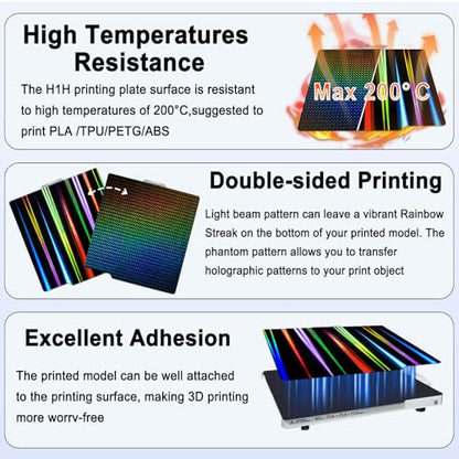 257x257mm H1H Holographic Build Plate for Bambu Lab X2D/P2S/X1C/X1/X1E/P1P/P1S/A1, Double Sided Print Bed Light Beam+Phantom Spring Steel Plate Print Bed for Bambu Labs 3D Printer - color: H1H