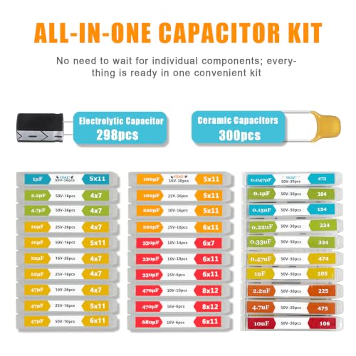 YEAZ 598pcs Electrolytic & Ceramic Capacitor Kit Electronics Assortment