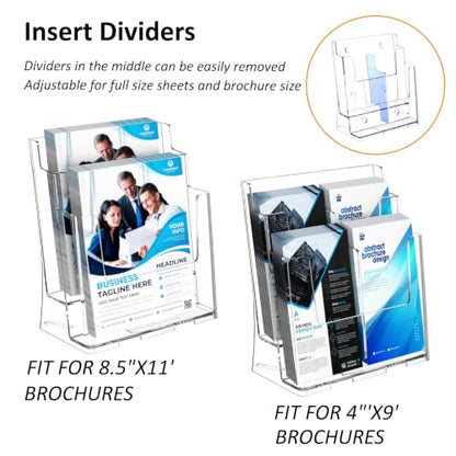 FUCDTEFC 2 Pack Acrylic Brochure Holder 8.5x11 & 4 x9 Inches, Clear 2 Tier Literature Magazine Stand Brochure Display Stand w Removable Divider Universal, Flyer Holder for Wall Mount or Countertop - size: 2 Pack 2-Tier Brochure Holder