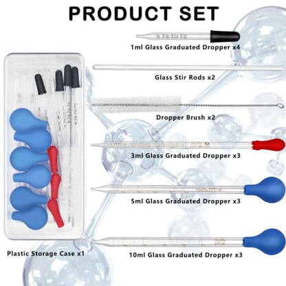 Artcome 17PC Glass Dropper Set - Pipettes Graduated Lab Dropper (1ml 3ml 5ml 10ml), Glass Stir Rods - Borosilicate Glass, Clear Scales for Essential Oils, Science Experiments, Liquid Transfer - size: 17 pcs