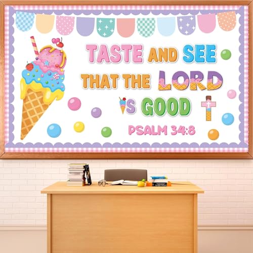 Summer Christian Religious Bulletin Board Set Jesus Classroom Decoration Summer Taste and See that the Lord is Good Ice Cream Paper Cutouts for Sunday School Church VBS Home Office Wall Door Decor - style: Summer Christian