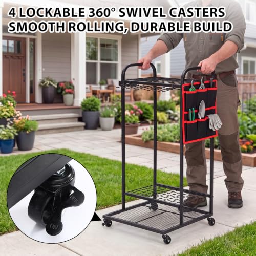 Chumia Garden Tool Organizer for Garage Storage, Heavy Duty Rolling Yard Tool Rack with Wheels and Side Bag, 3-Tier Rust-Resistant Metal Utility Cart for Shovels Rakes Brooms Shed Garage Outdoor