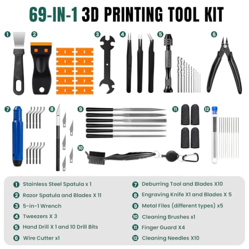 3D Printer Tools Kit with Storage Case, 3D Printer Accessories - Deburring Tool, 3D Printer Removing Scrapers, Metal Files, Brushes, Hand Drill, Tweezers, for Bambu Lab, Ender 3, Kobra, etc. (69)