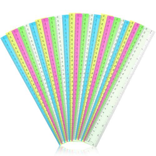 Tenare 20 Pack 12" Clear Plastic Ruler for Classroom School, Multicolor