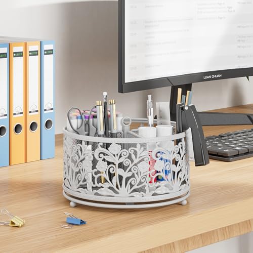 EKNITEY Rotating Mesh Desk Organizer - 4 Slots Cute Pen Pencil Holder Caddy - color: White