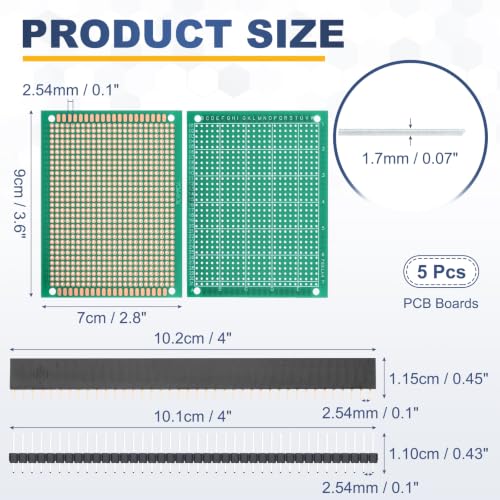 5Pcs 9x7cm PCB Prototype Board w 40-Pin Headers, Green - size: 9x7cm(2.54mm Pitch/1.7mm T)