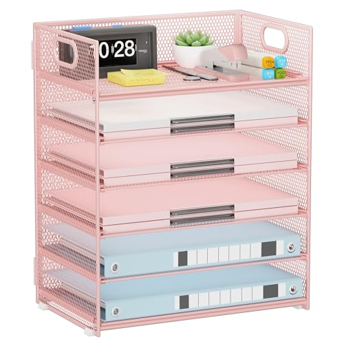 Pink Paper Organizer for Desk with Handle, 6-Tier - color: Pink, size: 12.6" x 9.1" x 13.5"
