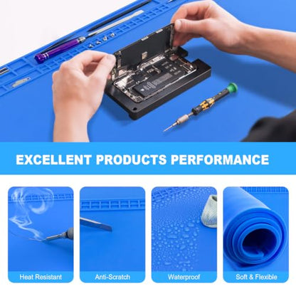 Extra Large Soldering Mat with Wristband & Grounding Accessories, 32.3’’x16.6’’ Large Silicone Solder Mat, 932℉ Heat Resistant Mat, Large Repair Workbench Pad for Electronics Repair (Blue) - color: Blue