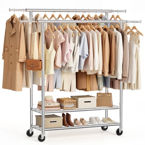 Heavy Duty Clothes Rack, Double Rod Garment Storage Organizer, Silver - color: Silver
