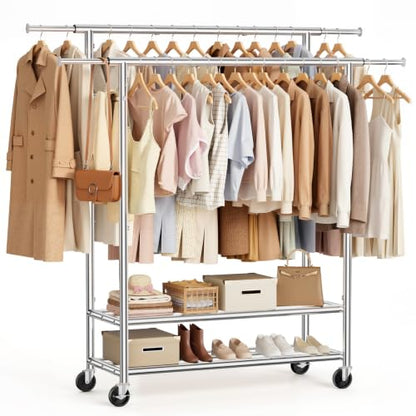 Heavy Duty Clothes Rack, Double Rod Garment Storage Organizer, Silver - color: Silver