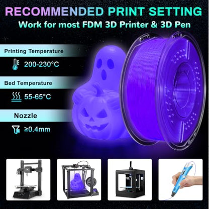 PLA+ 3D Printer Filament, Glow in The Dark Filament 1.75mm, Long-Lasting Glow & High-Brightness, Luminous Purple Bright 3D Printing Filament for Most 3D Printer - 1kg Spool(Glow Purple) - color: Purple
