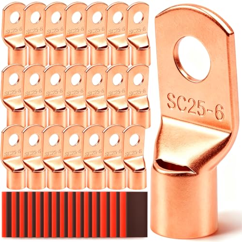 Twidec/30PCS AWG 4 Copper Wire Lugs Battery Cable Ends SC25-6,Ring Terminals Connectors,Copper Ring Terminals,Battery Terminals Connectors Kits with Heat Shrink - color: 31PCS
