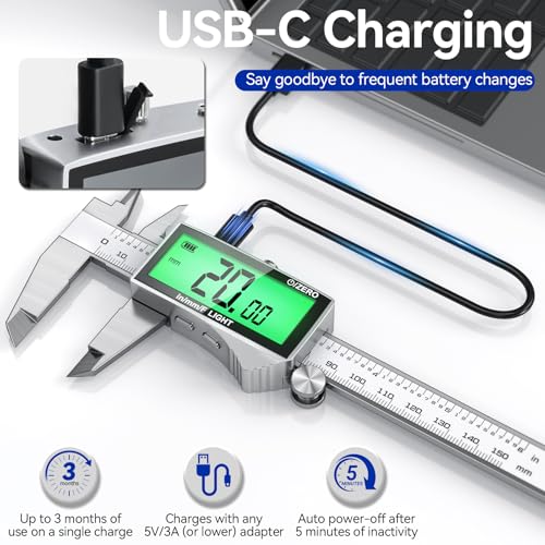 Rechargeable Digital Caliper 6 Inch, High-Precision Stainless Steel Vernier Caliper with Backlight, Support MM/in/F, Type-C Charging, LCD Screen Measuring Tool - color: White