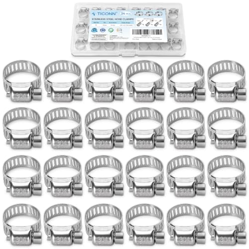 TICONN 24PCS Hose Clamps Set 304 Stainless Steel, 3/8"-5/8" Worm Gear - size: SAE #4 24PCS 3/8''~5/8"