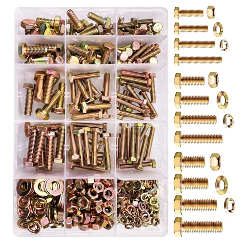 Mywish 520 Pcs M5 M6 M8 Hex Head Bolts Screws, Metric Bolt Assortment, 8.8 Grade Nuts and Bolts, Yellow Zinc Plated Kit, 12 Sizes with Drill Bit, Fully Thread - color: Yellow, size: 520Pcs M5 M6 M8
