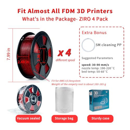 ZIRO 4 Packs Glitter 3D Printer Filament, Twinkle and Diamond Series, 4kg - color: Glitter Pla-4pack (Twinkle Red, Twinkle Blue, Diamond Purple, Diamond Black)