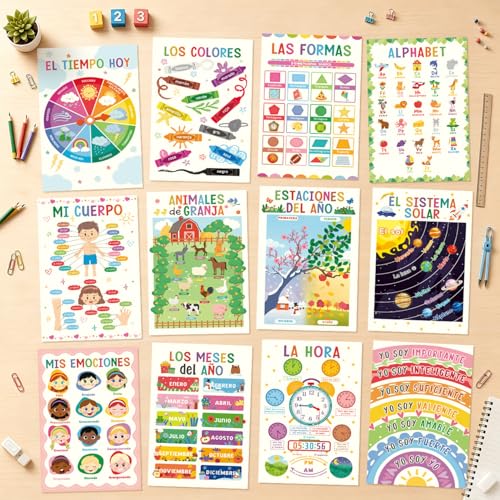 Spanish Educational Classroom Posters Set for Toddlers, 12 PCS - color: Spanish