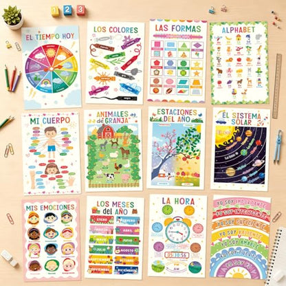 Spanish Educational Classroom Posters Set for Toddlers, 12 PCS - color: Spanish