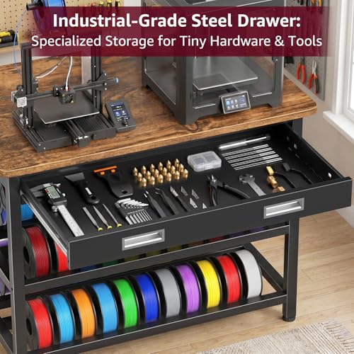 Heavy Duty 3D Printer Stand with Storage, 3D Printer Table with Metal Drawer,Sturdy 3-Tier Metal 3 D Printing Desk for 3 D Printers,Brown - color: Brown