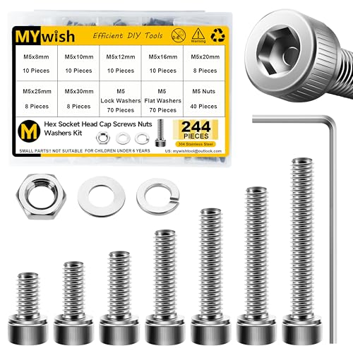 Mywish 244Pcs M5 Screw Metric Screw Assortment Kit 304 Stainless Steel Hex Socket Head Cap Metric Screws Bolts, Spring Lock & Flat Washers/Nuts/Hex Wrenches M5*8/10/12/16/20/25/30mm - color: SIiver, size: 244Pcs M5